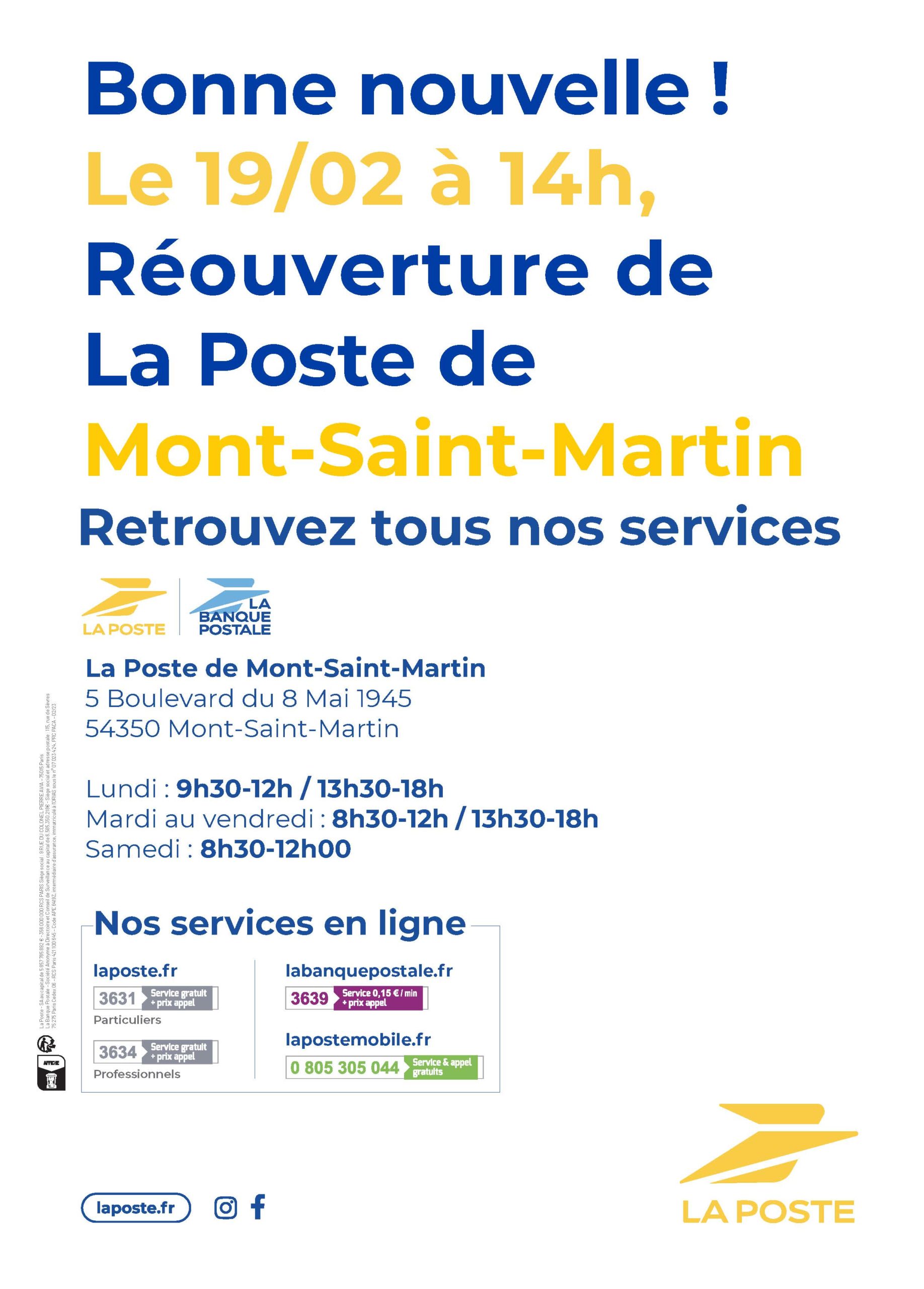 Le 19/02 à 14h, Réouverture de La Poste de Mont-Saint-Martin